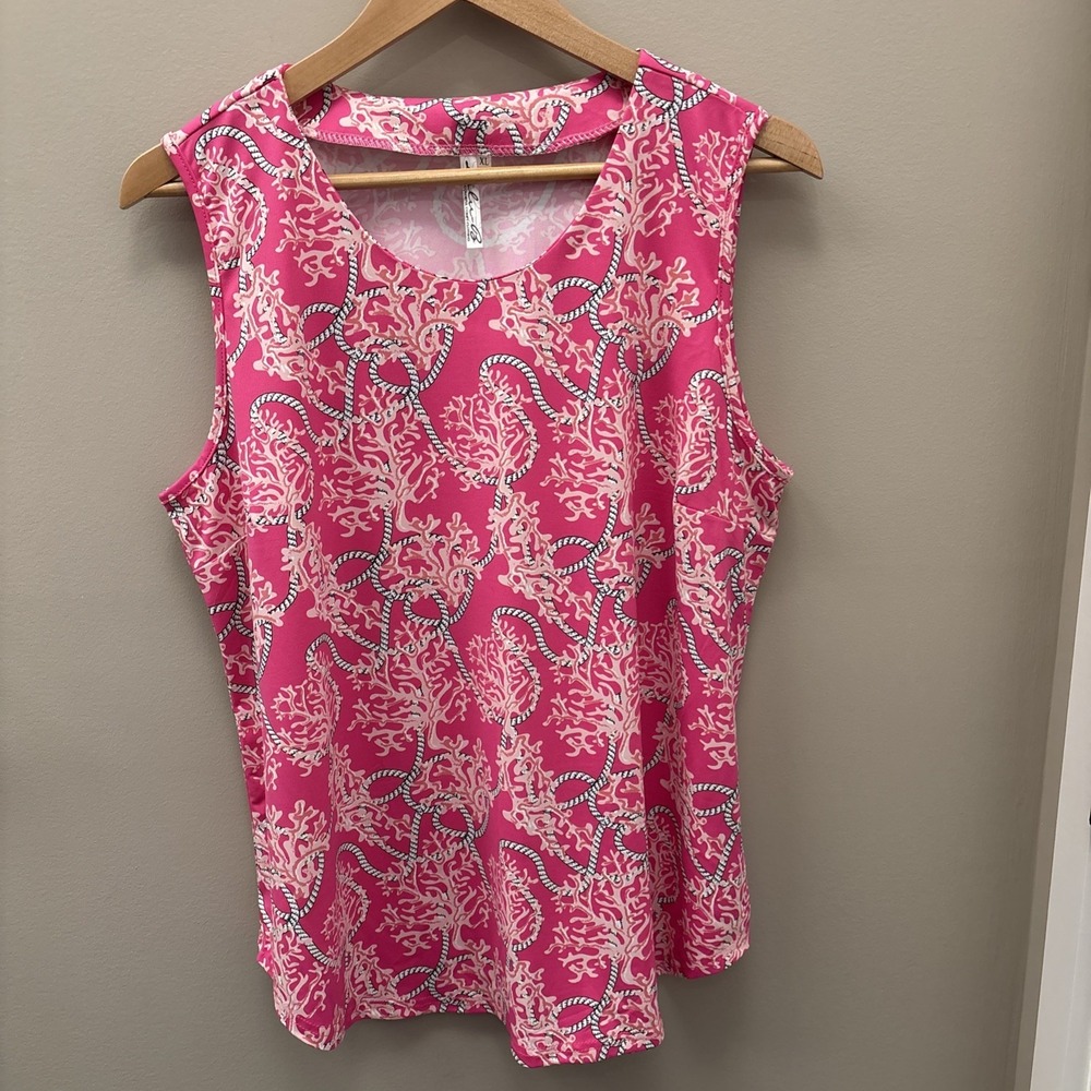 Lulu B Pink Rope Print Tank Top Womens XL UPF 50 Bright Stretch Summer Beach